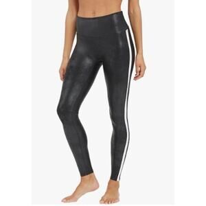 Spanx Women's 20187R-Black Faux Leather Stripe Legging‎ Large